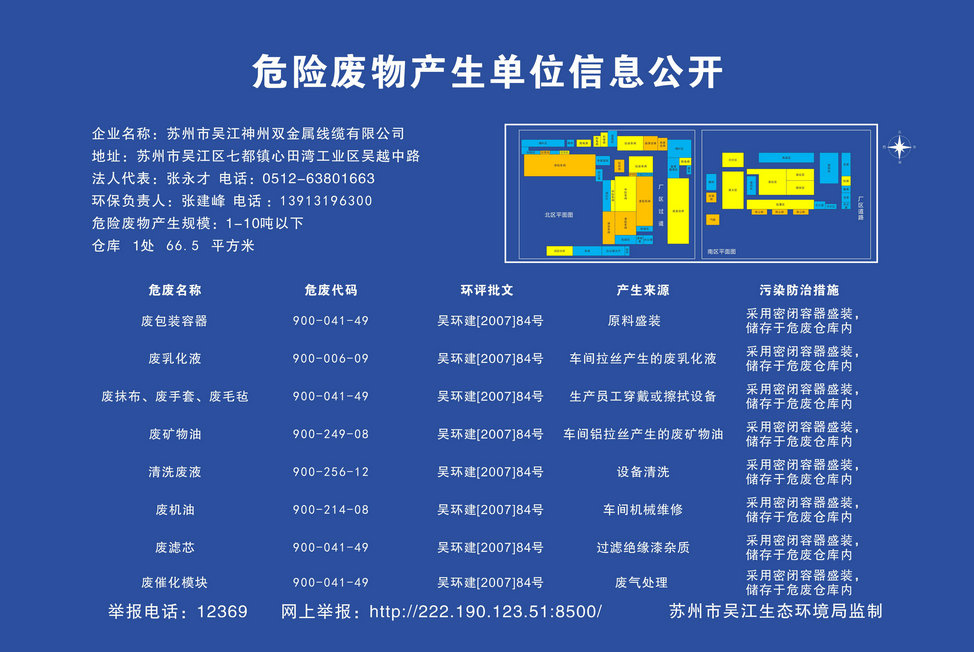 蘇州市吳江神州雙金屬線纜有限公司危險(xiǎn)廢物產(chǎn)生單位信息公開(kāi)